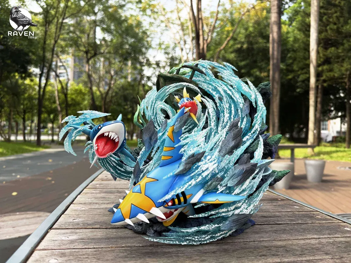 "Dynamic Sharpedo Evolution Group 1/20 scale resin statue by Raven Studio, vividly capturing fierce aquatic power with brilliant LED effects."