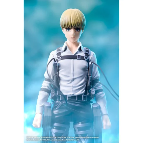 "Kotobukiya Armin Arlert Figure: Attack on Titan Final Season statue, showcasing his fierce determination and battle-worn details from a dynamic."