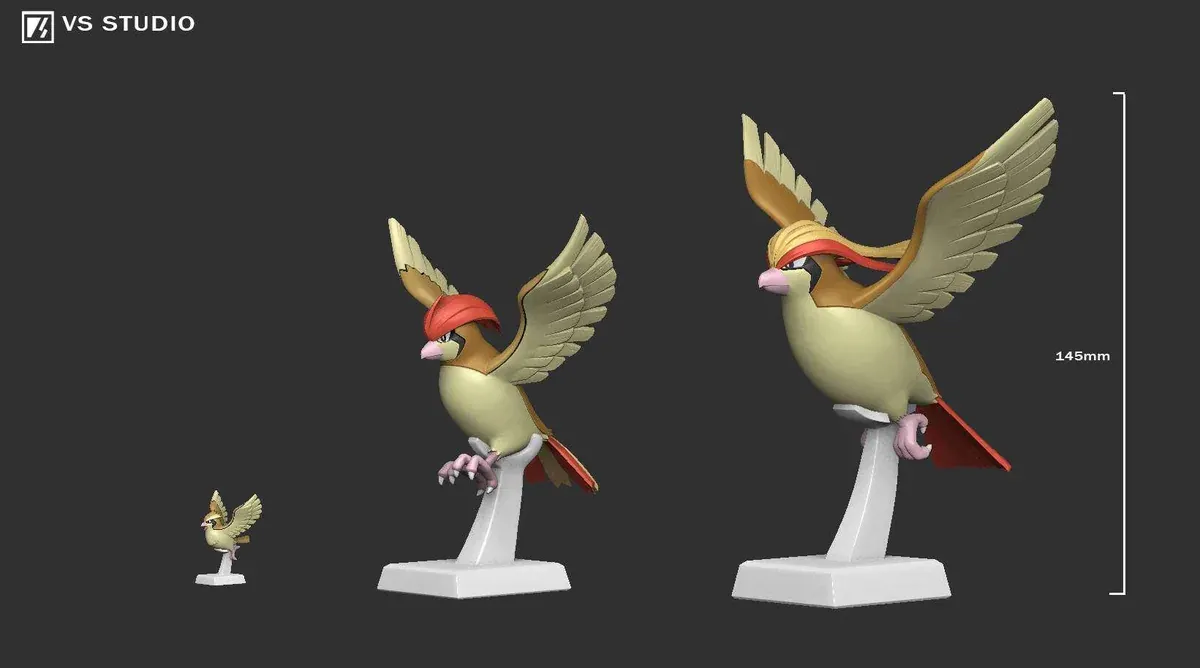 VS Studio Pidgeot Evolution Pokemon figure, showcasing its dynamic flight and intricate ecological diorama base. View from a detailed angle.