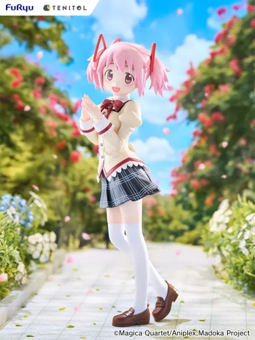 "Premium FURYU TENITOL TALL Madoka Kaname figure in an iconic, dynamic flight pose, wielding her bow with ethereal pink and white accents."