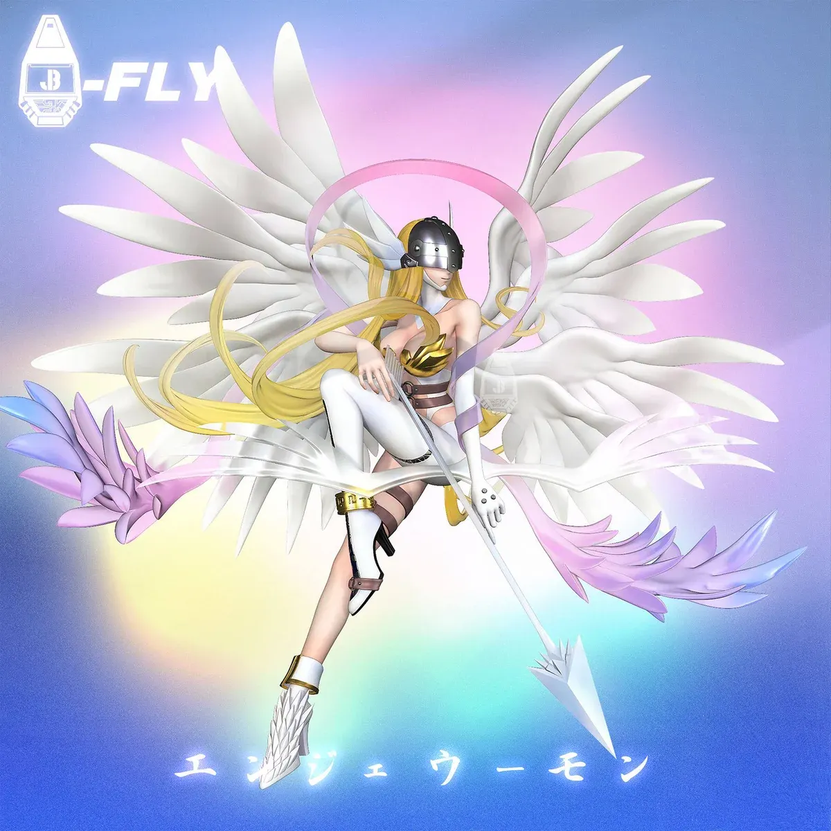 "Iconic Angewomon & Kari Kamiya Digimon Adventure resin figure, a dynamic JBS Studio statue of the angelic warrior in ethereal cloud-borne flight."