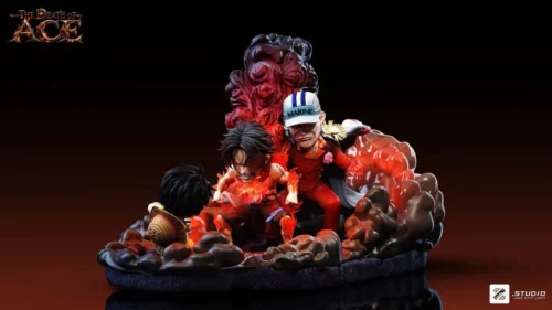 "Limited Edition One Piece Ace's Death Zzz Studio statue, an intense diorama capturing Ace's fiery final moments on a crumbling, lava-infused battlefield."