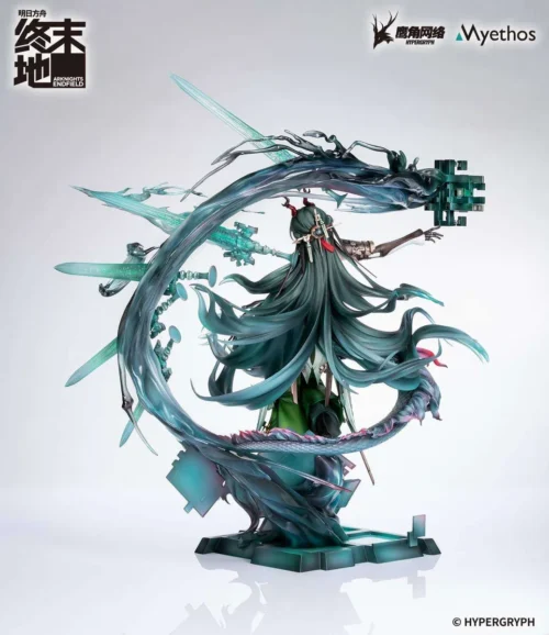 "Official Myethos 1/7 scale Zhuang Fangyi Arknights Endfield figure, showcasing intricate details of her futuristic attire, elegant staff, and dynamic."