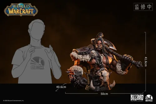 "Premium 1/3 scale Grommash Hellscream Bust. Fierce World of Warcraft Orc chieftain with intricate armor in a dynamic, battle-ready pose."
