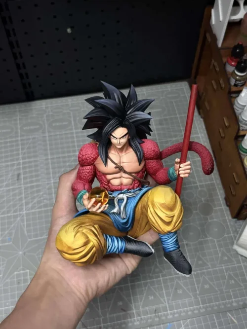 "Limited edition 1/6 Super Saiyan 4 Goku Dragon Ball GT statue by Ranyao Studio, showing dynamic pose, staff, and rocky base from multiple angles."