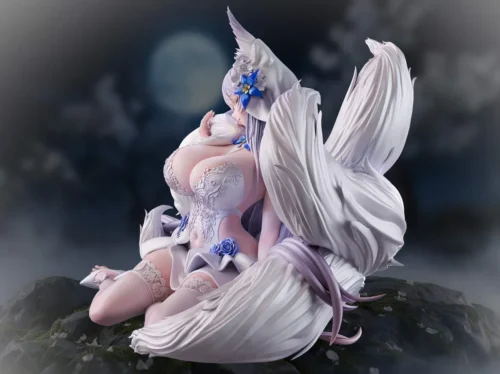 Side view of the 1/6 Azur Lane Shinano wedding figure by Hyperion Studio, featuring white lace, blue roses, flowing fox tails, and LED ring detail.
