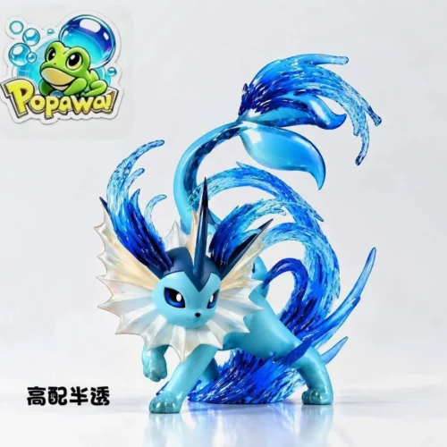 Dynamic Vaporeon figure by Popawa Studio, a 1/20 scale Pokemon statue with translucent blue water splash and flowing fin tail.