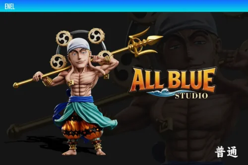 "God Enel One Piece statue by All Blue Studio, showcasing its dynamic pose, electrifying details, and menacing presence from various angles."