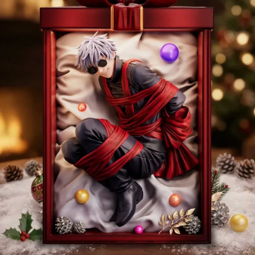 Premium Gojo Satoru figure curled inside an LED light-up red gift box with ribbon and winter baubles, limited to 99 made."