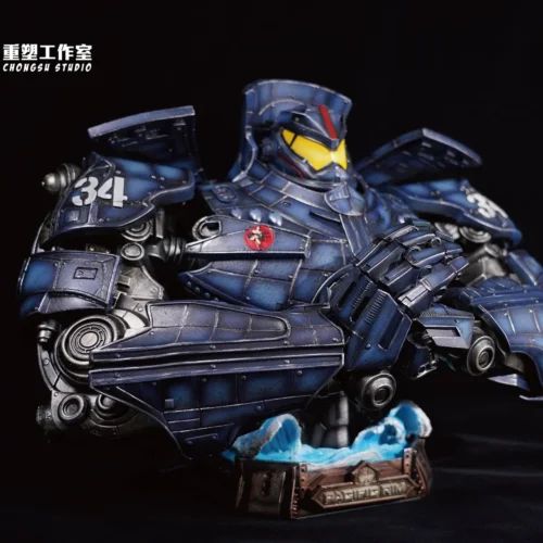 Massive 40cm limited-edition Gipsy Danger bust shows weathered blue Jaeger armor, glowing yellow visor, and ocean-wave base with Pacific Rim nameplate
