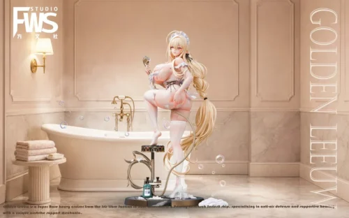 Azur Lane Golden Leewu figure is a limited 88-piece resin statue with realistic skin, a golden-haired elf-eared maid in a sunlit marble bathhouse.