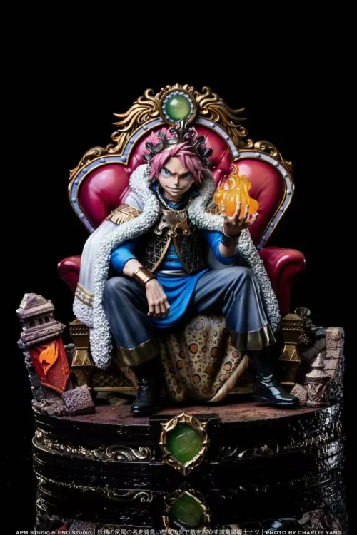 "Dynamic Natsu Dragneel Fairy Tail figure engulfed in flames, elegantly showcased within an artistic, intricately carved wooden frame."