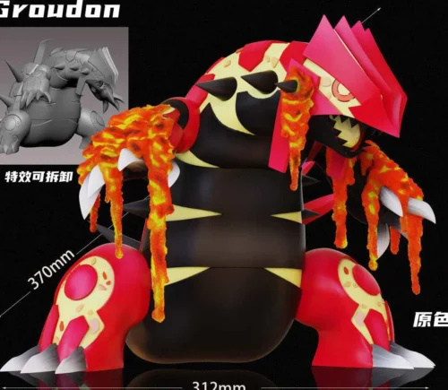 Close-up of Wonder Studio Primal Groudon Pokemon statue with detachable molten lava effects, showing sculpted claws and 370mm scale."