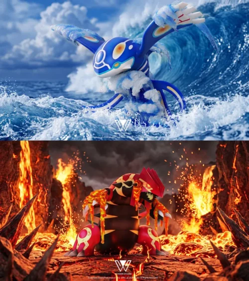 Pokemon Groudon Kyogre figure showcases Primal Groudon in lava and Kyogre amid crashing waves, highlighting elemental effects."