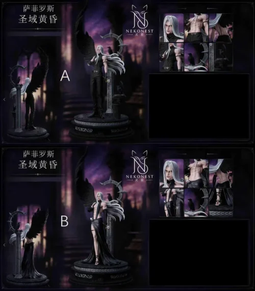 Premium 1/6 Sephiroth figure stands with massive black wing diorama, silver hair, ravens, crescent halo, and obsidian pedestal in a gothic sanctuary.