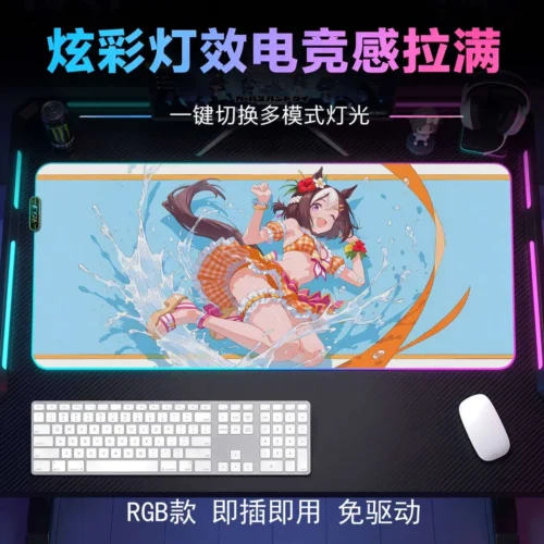 "Vibrant Uma Musume desk mat featuring Special Week, with dynamic RGB lighting showcasing playful anime art and intricate illustration details."