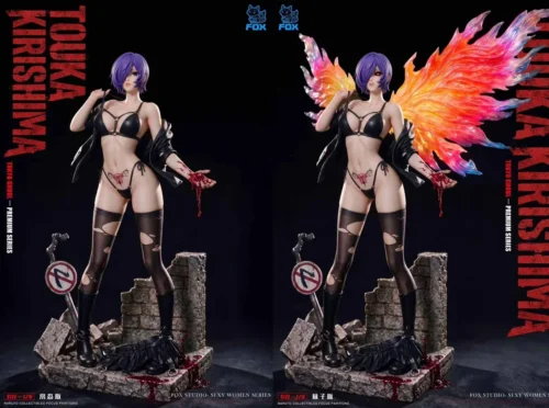 "Exquisite 1/6 Touka Kirishima Tokyo Ghoul resin statue, dynamically posed with her ethereal Kagune, showcasing fierce combat readiness."