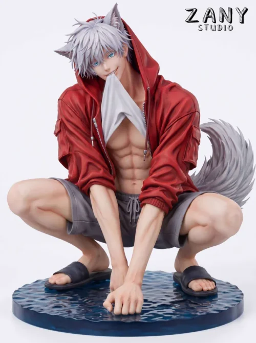 Playful limited 99-piece Gojo Satoru cat figure crouching on a rippling water base with silver cat ears, tail, and red hoodie.