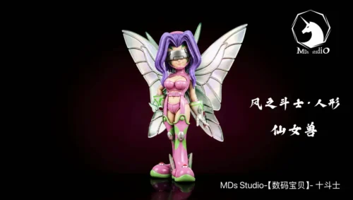 "Stunning MDS Studio Digimon Fairymon figure captures the vibrant winged warrior in a dynamic aerial pose."