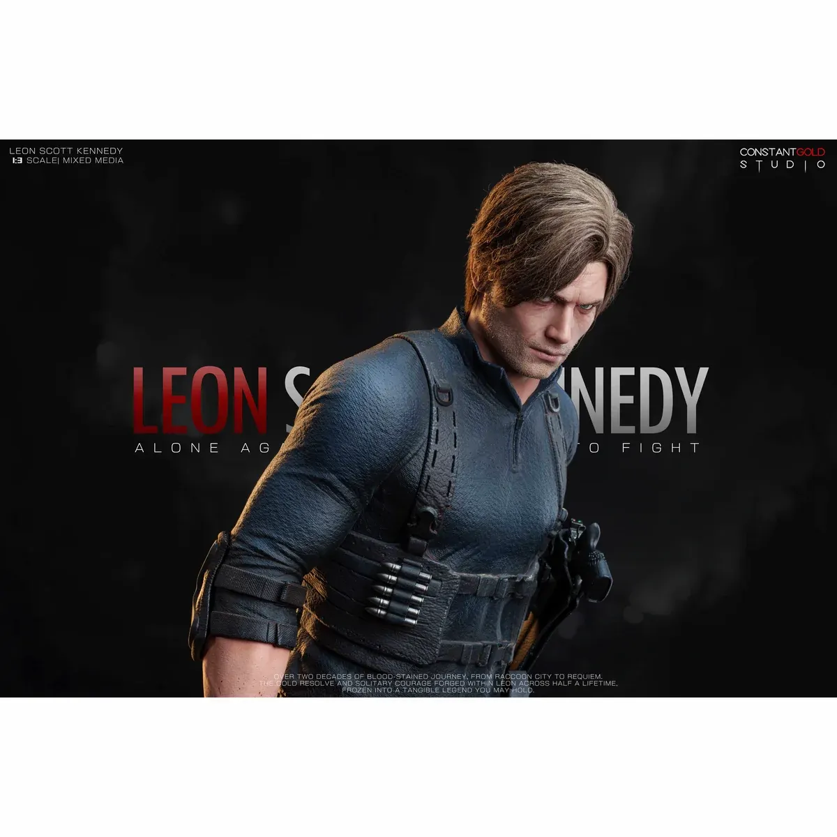 "Ultra-realistic 1/3 Leon S. Kennedy Resident Evil Statue in multiple views, highlighting battle-worn gear and Raccoon City ruins."