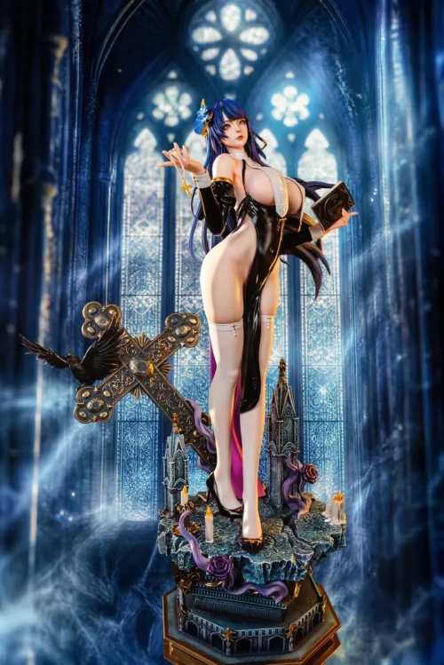 "Limited edition 1/4 Raiden Shogun "Elegy of Eternal Night" Genshin Impact statue, exquisitely sculpted in dramatic gothic nun attire."