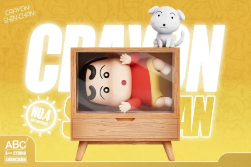 "Crayon Shin-chan comically trapped in a cabinet, showing his iconic mischievous expression. Limited edition humorous resin figure captures playful."