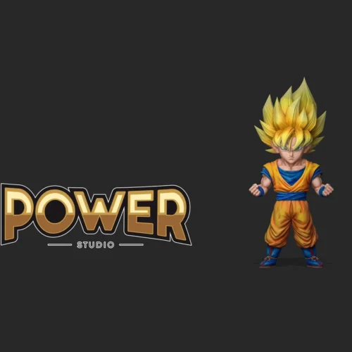Chibi Super Saiyan Goku figure by Power Studio, golden spiked hair and orange gi in dynamic manga stance, full PU collectible statue.