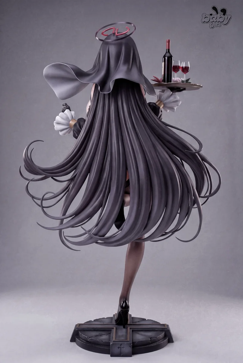 Back view of the limited dual-scale Tsukiyomi Rion figure features flowing black hair, halo, wine tray, and gothic cross base by Baby Girl Studio.