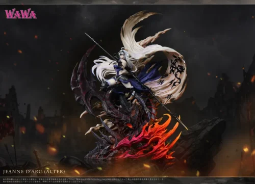 Limited 99-piece Jeanne d'Arc Alter resin statue by WAWA Studio depicts her commanding a dragon amid tattered flag, black armor, and crimson flames.