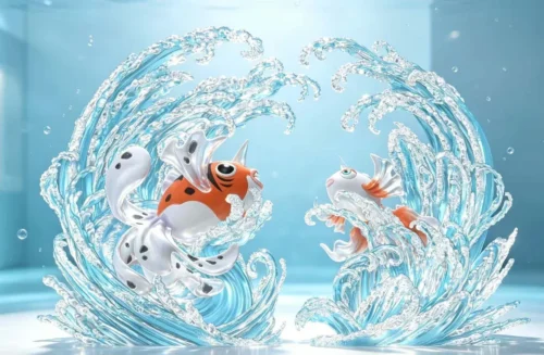 "Exquisite Pokémon Goldeen & Seaking Evolution diorama figure. Dynamic aquatic scene with vibrant colors and intricate water effects."