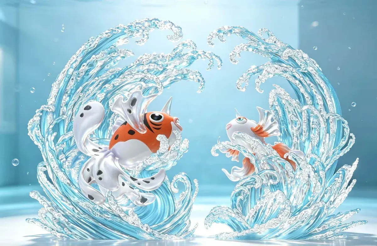 "Exquisite Pokémon Goldeen & Seaking Evolution diorama figure. Dynamic aquatic scene with vibrant colors and intricate water effects."