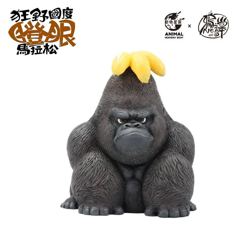 "GoKong Wild Kingdom gorilla statue, an original stylized art collectible. Anthropomorphic king with intense comical stare and regal crown."