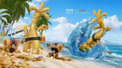 "Premium Pokémon Gholdengo & Gimmighoul evolution statue. Dynamic golden figures on intricate dual display bases, a stunning collectible treasure."