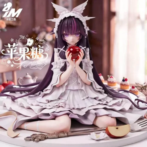"Apple Candy Girl & Orange Dark Chocolate Puppet Genshin Impact figures. Exquisite sculpting, dynamic poses, and dessert motifs from various angles."