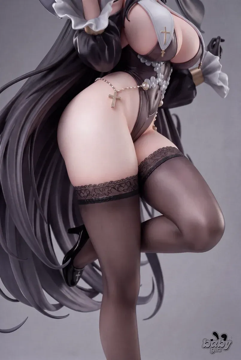 Limited 1/6 and 1/4 Tsukiyomi Rion figure from Blue Archive by Baby Girl Studio, side view of the nun outfit, cross garter, and stockings.