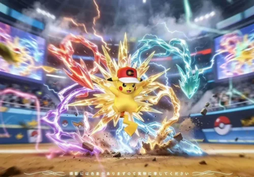 Pikachu in Ash's cap unleashes golden lightning in a packed stadium, making this explosive Pikachu Thunderbolt Figure diorama a playful standout.
