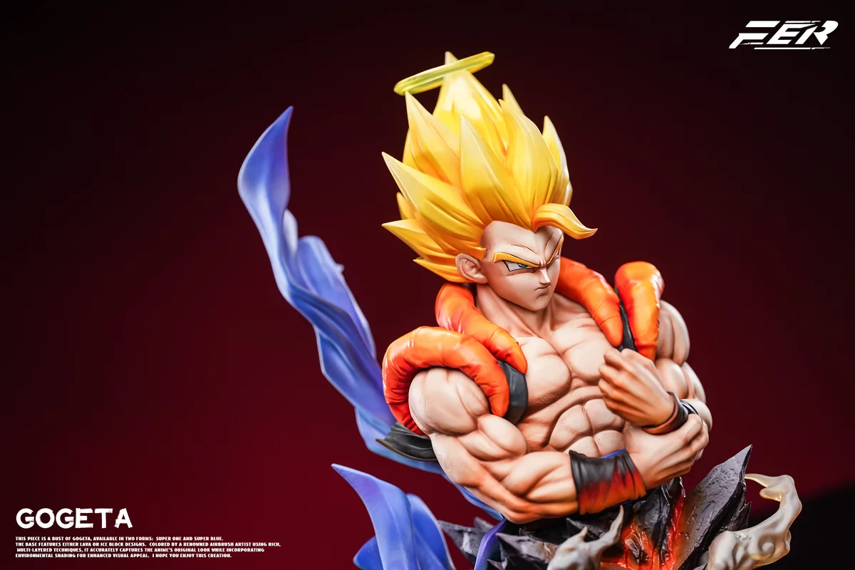 Limited Dragon Ball Gogeta bust statue in yellow-haired Super Saiyan dual form with halo, crossed arms, and fiery icy aura.