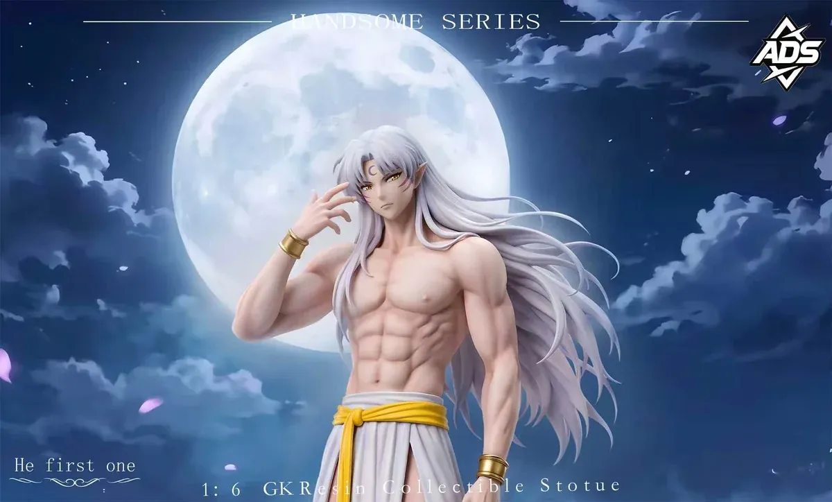 1/6 Sesshomaru resin statue with silver hair, bare muscular torso, white slit robe, yellow sash and optional plush fur under a full moon.