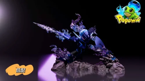 "Premium Armarouge Pokémon statue gallery. Dynamic Bitter Blade pose with fiery effects, showcasing intricate sculpting from multiple angles."