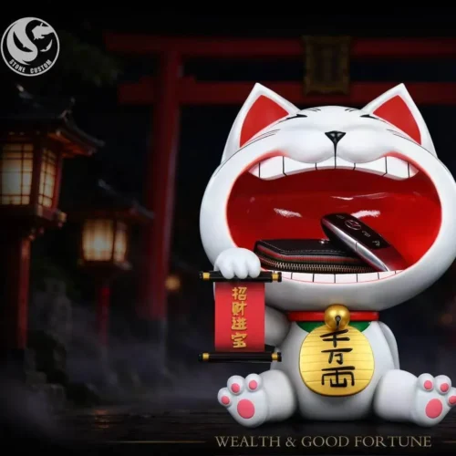 Limited 168-piece Turbo Granny lucky cat resin statue by ST Studio, a grinning white maneki-neko with huge red mouth, gold coin and fortune scroll.