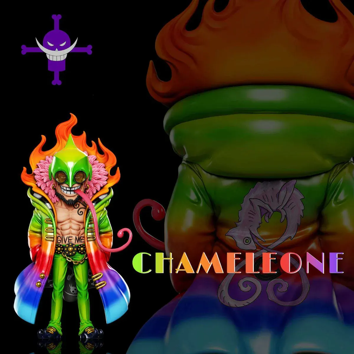 "Exclusive A+ Studio One Piece Gamenio Chameleon collector's figure, dynamically posed to showcase its unique features on a vibrant blue display base."