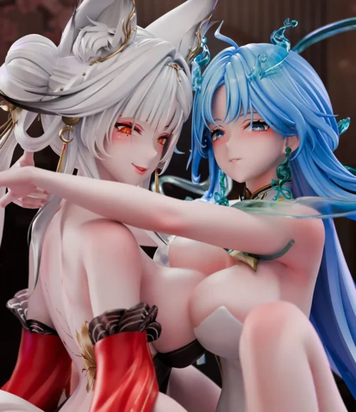 "Gallery of the exquisite 1/6 Wuthering Waves Moonlit Coexistence resin statue, showcasing Xinyuehu & Qingxiao's ethereal details from multiple angles."