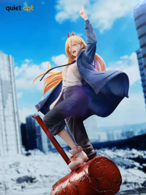 1/6 Power Chainsaw Man figure statue leaps over a blood-soaked club in a ruined cityscape, the blonde horned Blood Fiend in a dramatic pose.
