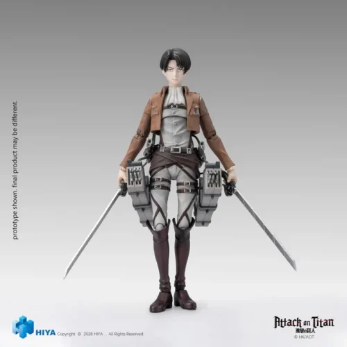 1/12 Levi Ackerman movable figure by HIYA Studio, Attack on Titan statue in Survey Corps uniform with full ODM gear and dual blades in a poised stance