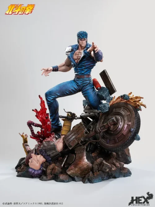 "Officially Licensed Premium 1/6 Kenshiro Statue. Dynamic Fist of the North Star hero in a powerful battle stance with intricate destructive base."