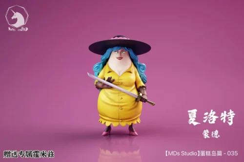 "Dynamic Charlotte Mond One Piece statue by MDS Studio, showcasing her iconic design from the Whole Cake Island Arc and an exclusive Homies bonus."
