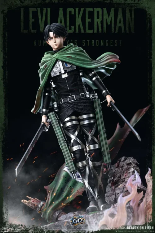 "Premium 1/6 Levi Ackerman Battle Attack on Titan resin statue. Detailed views highlight dynamic combat, intricate sculpting, and interchangeable part."