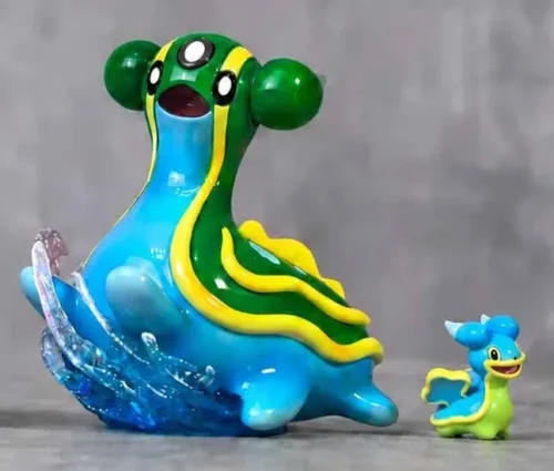 "Detailed gallery views of the playful 1/20 Shellos Gastrodon Pokémon figure by Mingliu Gongshe Studio, highlighting vibrant dual forms, dynamic water."