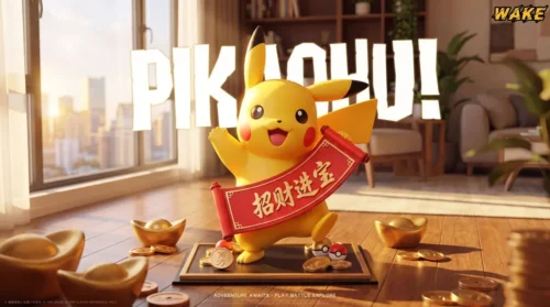 Smiling Lucky Pikachu figure holds a festive scroll amid gold ingots and coins in this limited-edition Chinese New Year fortune display.