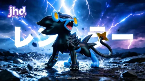 "Premium 1/15 scale Luxray Pokemon figure in a dynamic, electrifying battle pose, capturing its majestic presence and vibrant original colors."